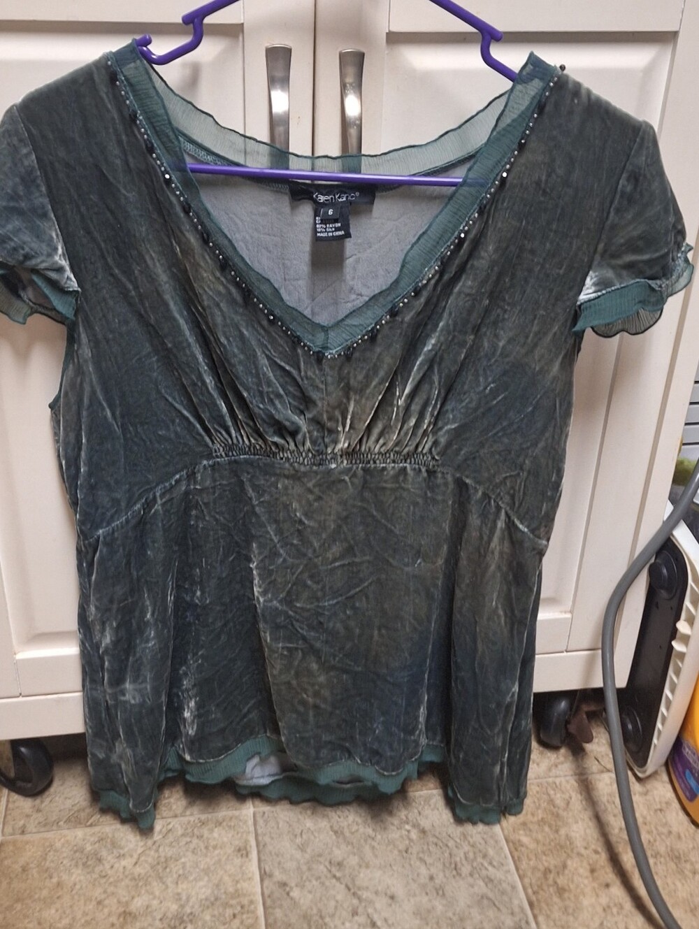 Karen Kane Washed Teal V-Neck Short Sleeve Tunic with Beaded Trim Size 6